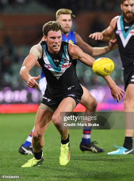 Brad Ebert of Port Adelaide during the round 13 AFL match between Port Adelaide Power and the Western Bulldogs at Adelaide Oval on June 14, 2018 in...