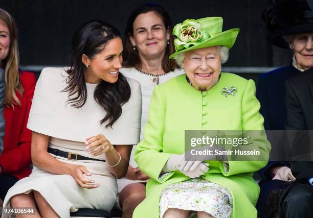 Meghan, Duchess of Sussex and Queen Elizabeth II open the new Mersey Gateway Bridge on June 14, 2018 in Widness, England.