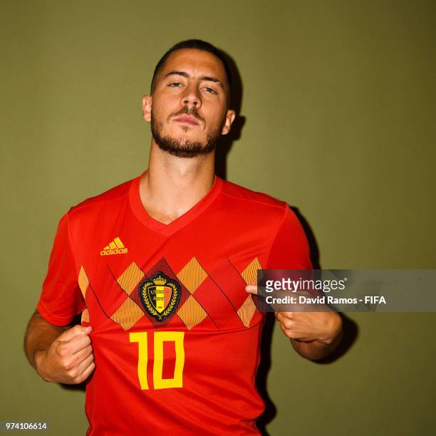 Eden Hazard of Belgium poses during the official FIFA World Cup 2018 portrait session at the Moscow Country Club on June 14, 2018 in Moscow, Russia.