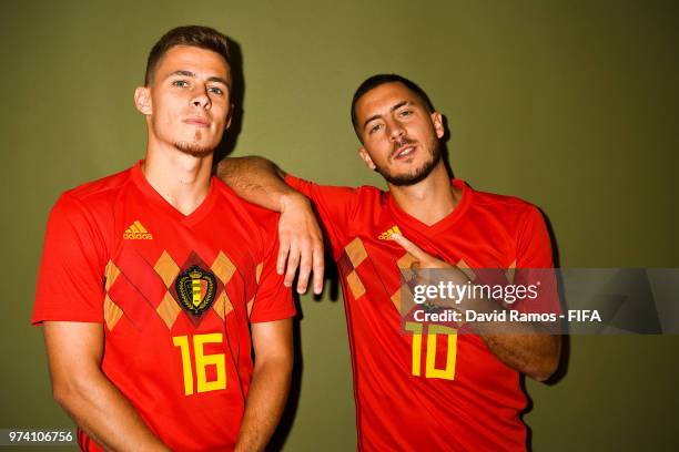 Thorgan Hazard and his brother Eden Hazard of Belgium pose during the official FIFA World Cup 2018 portrait session at the Moscow Country Club on...