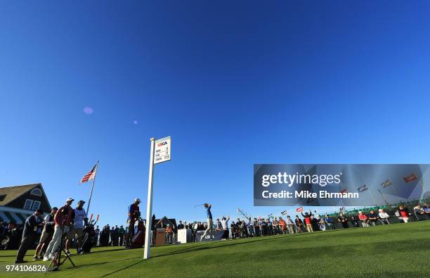 Brendan Steele of the United States plays his shot from the first tee during the first round of the 2018 U.S. Open at Shinnecock Hills Golf Club on...