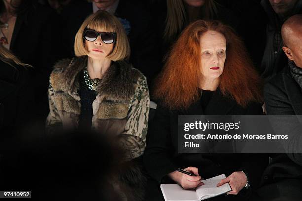 Anna Wintour and Grace Coddington attend the Rochas show during Paris Fashion Week Fall/Winter 2011 at the Place Vendome on March 3, 2010 in Paris,...