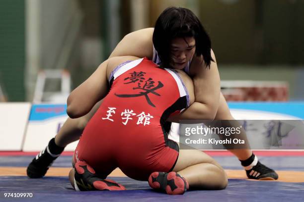 Mei Shindo competes against Naruha Matsuyuki in the Women's 72kg final on day one of the All Japan Wrestling Invitational Championships at Komazawa...