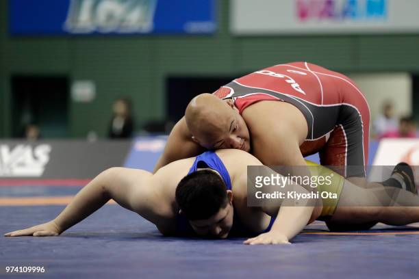 Arata Sonoda competes against Masahiro Tanida in the Men's Greco-Roman style 130kg final on day one of the All Japan Wrestling Invitational...