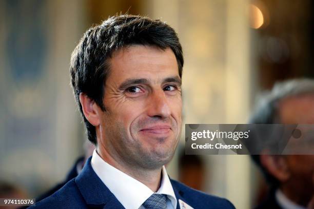 International Olympic Committee member and Co-Chairman of Paris 2024 Tony Estanguet listens to French Prime Minister Edouard Philippe's speech before...