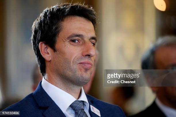 International Olympic Committee member and Co-Chairman of Paris 2024 Tony Estanguet listens to French Prime Minister Edouard Philippe's speech before...
