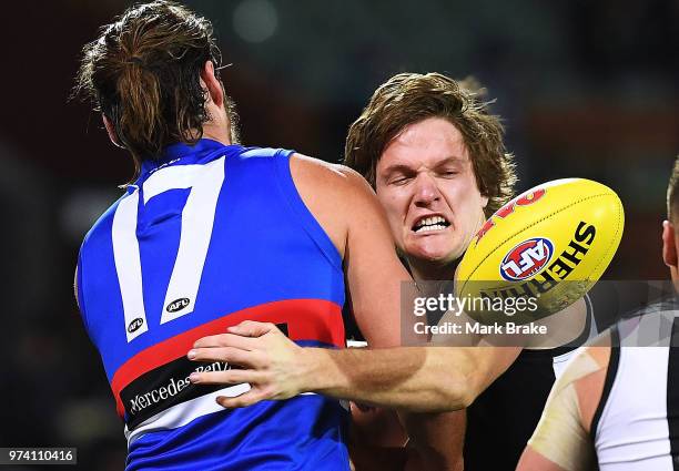 Tom Boyd of the Bulldogs competes with Jared Polec of Port Adelaide during the round 13 AFL match between Port Adelaide Power and the Western...