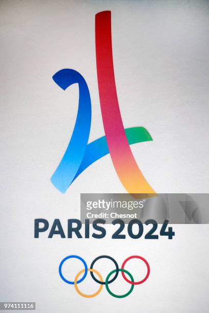 The logo of the Paris 2024 Summer Olympics is seen during the signing of the 2024 Olympic and Paralympic Games Organizational Protocol at the Paris...