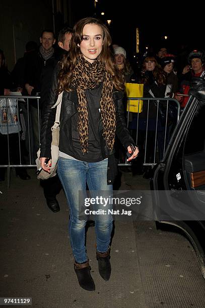 Actress Keira Knightley leaves the comedy theatre on March 3, 2010 in London, England.