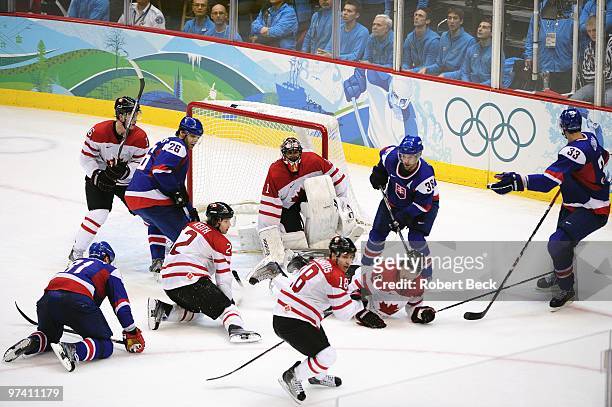Winter Olympics: Canada goalie Roberto Luongo in action vs Slovakia during Men's Playoffs Semifinals - Game 28 at Canada Hockey Place. Vancouver,...