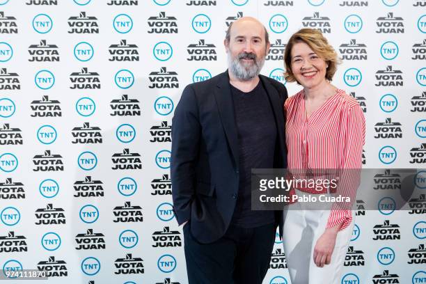 Spanish actor Javier Camara and actress Maria Pujalte attend the 'Vota Juan' photocall at Palace Hotel on June 14, 2018 in Madrid, Spain.