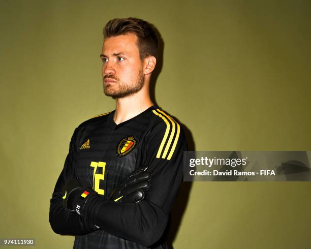 Simon Mignolet of Belgium poses during the official FIFA World Cup 2018 portrait session at the Moscow Country Club on June 14, 2018 in Moscow,...