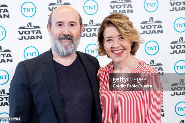 Spanish actor Javier Camara and actress Maria Pujalte attend the 'Vota Juan' photocall at Palace Hotel on June 14, 2018 in Madrid, Spain.