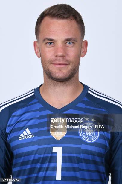 Manuel Neuer of Germany pose for a photo during the official FIFA World Cup 2018 portrait session on June 13, 2018 in Moscow, Russia.