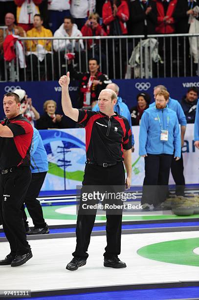 Winter Olympics: Canada skip Kevin Martin victorious vs Norway during Men's Gold Medal Game at Vancouver Olympic Centre. Canada won the gold medal....