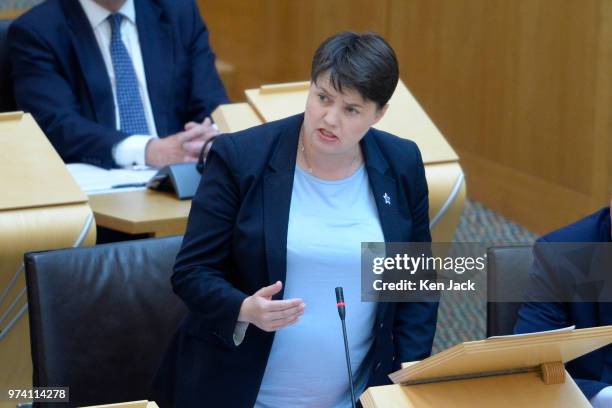 Scottish Conservative leader Ruth Davidson speaks during First Minister's Questions in the Scottish Parliament, on June 14, 2018 in Edinburgh,...