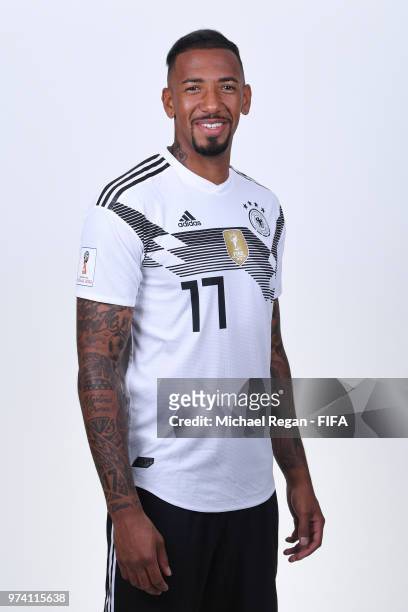 Jerome Boateng of Germany psoe for a photo during the official FIFA World Cup 2018 portrait session on June 13, 2018 in Moscow, Russia.
