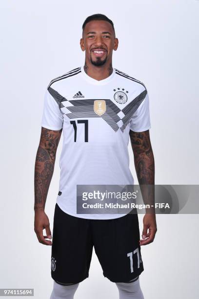 Jerome Boateng of Germany pose for a photo during the official FIFA World Cup 2018 portrait session on June 13, 2018 in Moscow, Russia.