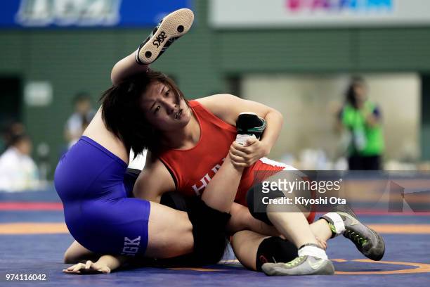 Nao Taniyama competes against Tomoha Uchijo in the Women's 55kg first round match on day one of the All Japan Wrestling Invitational Championships at...