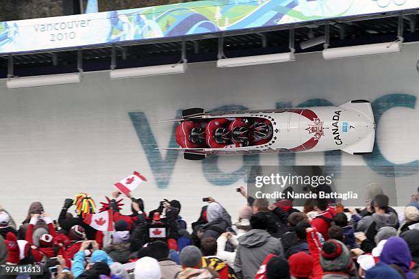 Winter Olympics: Canada Team 1 Lydon Rush, David Bissett, Lascelles Brown, and Chris Le Bihan in action during Men's Bobsled Four Man Heat 3 at...