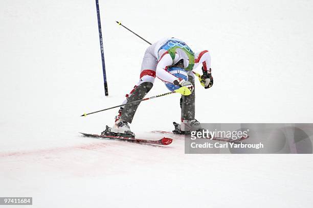 Winter Olympics: Austria Marlies Schild in action, crossing finish line during Women's Slalom 2nd Run at Whistler Creekside. Schild won silver....