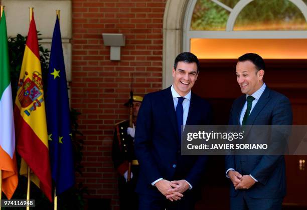 Spanish Prime Minister Pedro Sanchez welcomes Ireland's Prime Minister Leo Varadkar before a meeting at the Moncloa Palace in Madrid on June 14, 2018.