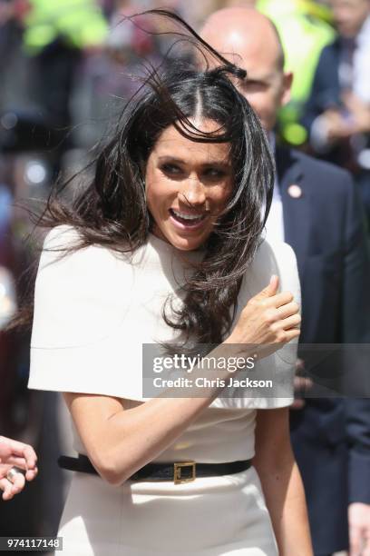 Queen Elizabeth II and Meghan, Duchess of Sussex visit Chester Town Hall on June 14, 2018 in Chester, England. Meghan Markle married Prince Harry...