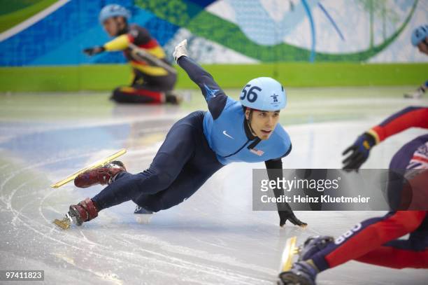 Short Track Speed Skating: 2010 Winter Olympics: USA Apolo Anton Ohno in action during Men's 500M Final at Pacific Coliseum. Ohno was disqualified...