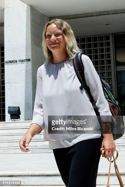 Pilatus Bank whistle-blower Maria Efimova smiles as she leaves the court building on June 14, 2018 in Athens, Greece. The Greek Supreme Court have...