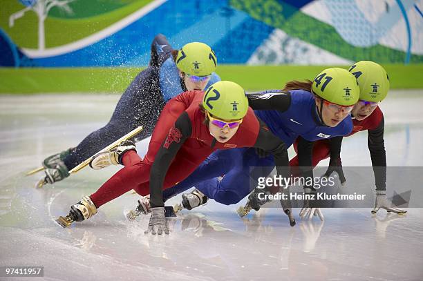 Short Track Speed Skating: 2010 Winter Olympics: China Wang Meng in action, winning vs South Korea Park Seung-Hi , China Zhou Yang , and USA...