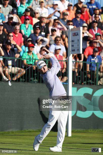 Branden Grace of South Africa plays his shot from the tenth tee during the first round of the 2018 U.S. Open at Shinnecock Hills Golf Club on June...