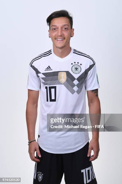Mesut Oezil of Germany pose for a photo during the official FIFA World Cup 2018 portrait session on June 13, 2018 in Moscow, Russia.