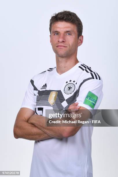 Thomas Mueller of Germany pose for a photo during the official FIFA World Cup 2018 portrait session on June 13, 2018 in Moscow, Russia.