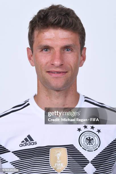 Thomas Mueller of Germany pose for a photo during the official FIFA World Cup 2018 portrait session on June 13, 2018 in Moscow, Russia.