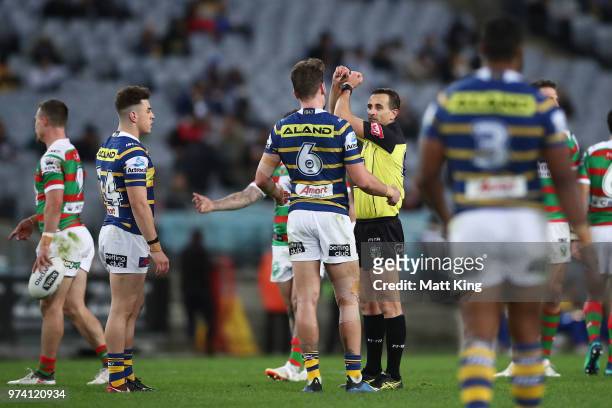 Reed Mahoney of the Eels is placed on report during the round 15 NRL match between the Parramatta Eels and the South Sydney Rabbitohs at ANZ Stadium...