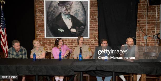 John C. McGinley, Janet Varney, Deborah Baker Jr., Nate Mooney, Dana Gould, and David Koechner on stage during the panel discussion of 'Stan Against...