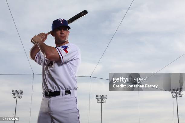 Michael Young poses for a portrait during the Texas rangers Photo Day at Surprise on March 2, 2010 in Surprise, Arizona.