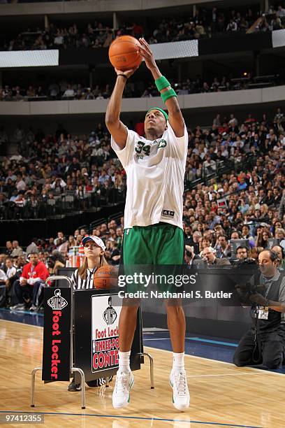 Paul Pierce of the Boston Celtics shoots a three-pointer during the Foot Locker Three Point Contest on All-Star Saturday Night as part of the 2010...