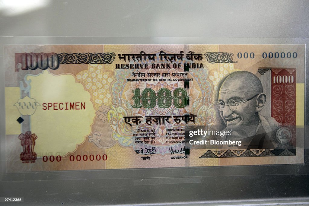 1000 Ruppees Note A one thousand Indian rupee note is displayed in an exhibition by the ...