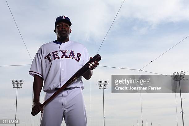 Vladimir Guerrero poses for a portrait during the Texas rangers Photo Day at Surprise on March 2, 2010 in Surprise, Arizona.