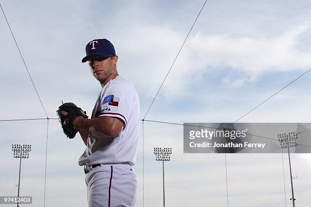 Rich Harden poses for a portrait during the Texas rangers Photo Day at Surprise on March 2, 2010 in Surprise, Arizona.