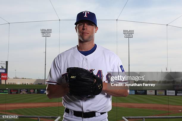 Rich Harden poses for a portrait during the Texas rangers Photo Day at Surprise on March 2, 2010 in Surprise, Arizona.