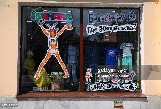 General view of World Cup related fashion shop in Samara prior to the 2018 FIFA World Cup i on June 14, 2018 in Samara, Russia.