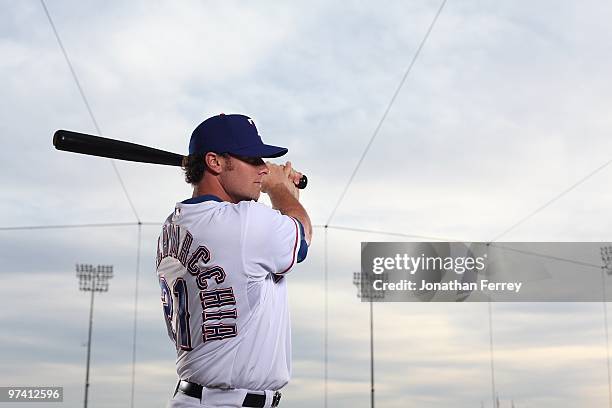 Jarrod Saltalamacchia poses for a portrait during the Texas rangers Photo Day at Surprise on March 2, 2010 in Surprise, Arizona.