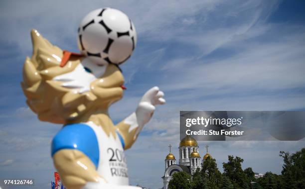 World Cup mascot Zabivaka pictured in Glory square in Samara prior to the 2018 FIFA World Cup i on June 14, 2018 in Samara, Russia.