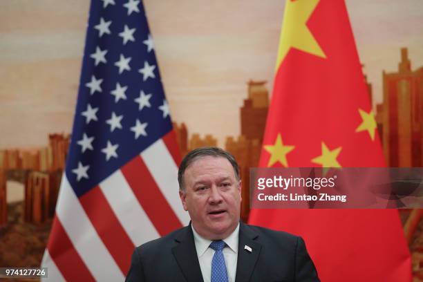 Secretary of State Mike Pompeo speaks during a press conference at the Great Hall of the People on June 14, 2018 in Beijing, China. U.S. Secretary of...