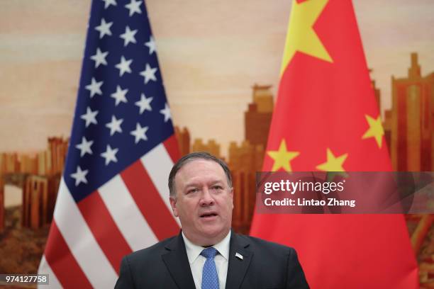 Secretary of State Mike Pompeo speaks during a press conference at the Great Hall of the People on June 14, 2018 in Beijing, China. U.S. Secretary of...