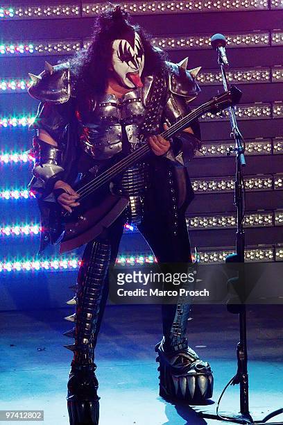Musician Gene Simmons of the American rock band KISS shows his tongue while performing live at the 187th "Wetten, dass...?" show at the Messe Erfurt...