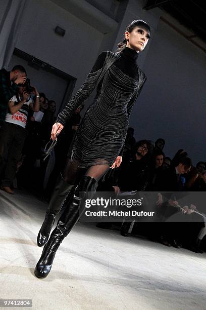 Model walks the runway at the Gareth Pugh Ready to Wear show during Paris Womenswear Fashion Week Fall/Winter 2011 at Palais De Tokyo on March 3,...