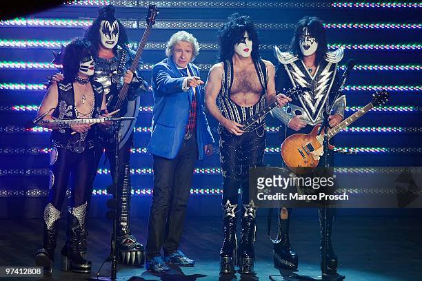 Eric Singer , Gene Simmons , Paul Stanley , Tommy Thayer of the American rock band KISS and presenter Thomas Gottschalk attend the 187th "Wetten,...